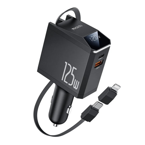 YESIDO Y71 125W Fast Charging USB A + Type C Car Charger with Retractable Cable and iP Adapter - 1