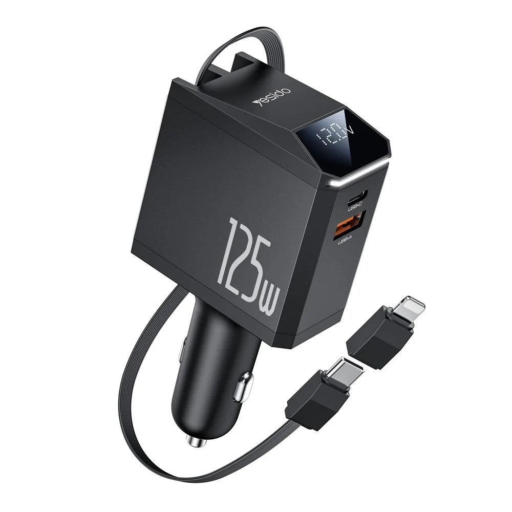 YESIDO Y71 125W Fast Charging USB A + Type C Car Charger with Retractable Cable and iP Adapter - 1