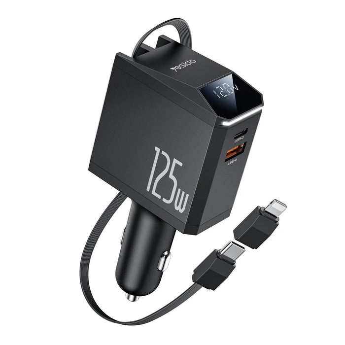 YESIDO Y71 125W Fast Charging USB A + Type C Car Charger with Retractable Cable and iP Adapter - 1