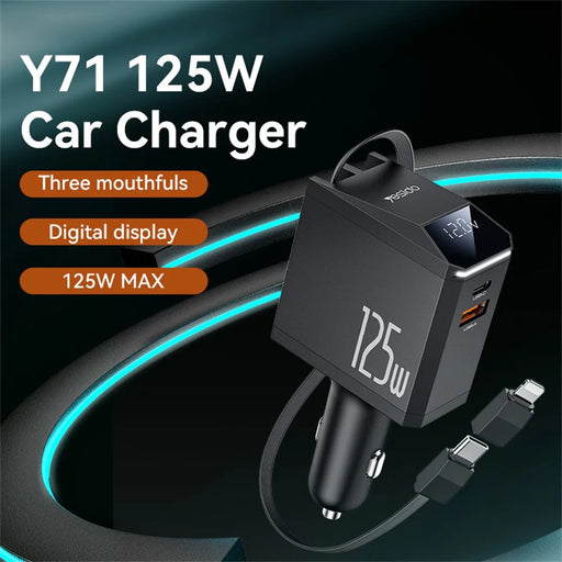 YESIDO Y71 125W Fast Charging USB A + Type C Car Charger with Retractable Cable and iP Adapter - 2