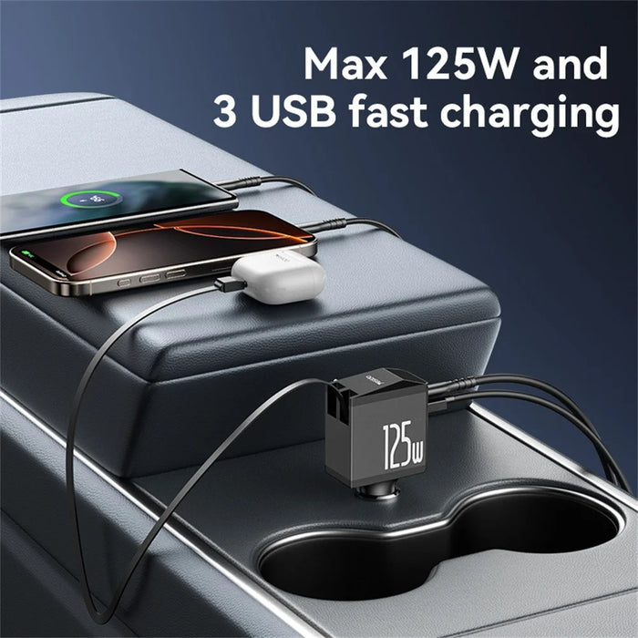 YESIDO Y71 125W Fast Charging USB A + Type C Car Charger with Retractable Cable and iP Adapter - 3