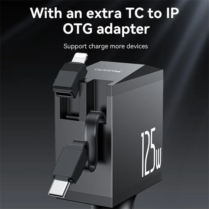 YESIDO Y71 125W Fast Charging USB A + Type C Car Charger with Retractable Cable and iP Adapter - 5