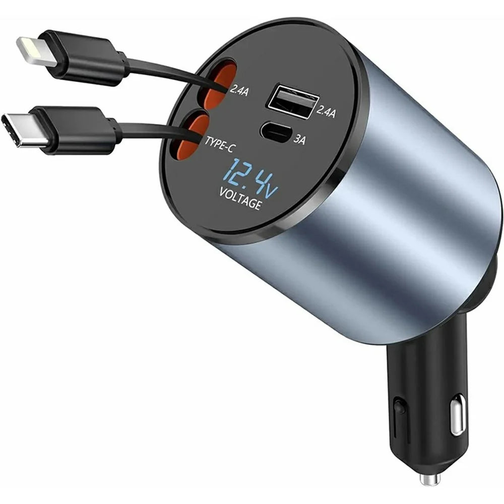 PT-19 Cigarette Lighter Car Charger 100W Fast Charging Adapter with iP  /  Type C Retractable Cables - 1