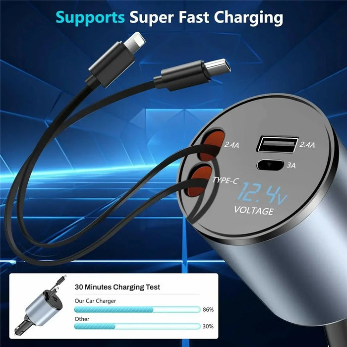 PT-19 Cigarette Lighter Car Charger 100W Fast Charging Adapter with iP  /  Type C Retractable Cables - 4