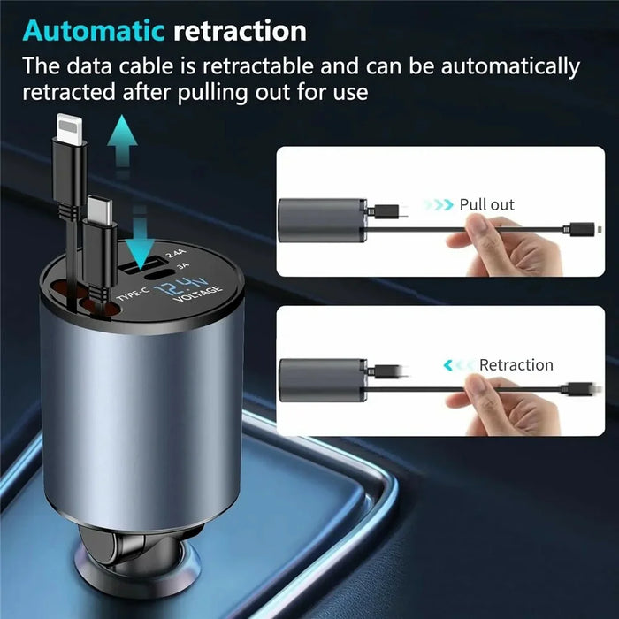 PT-19 Cigarette Lighter Car Charger 100W Fast Charging Adapter with iP  /  Type C Retractable Cables - 5