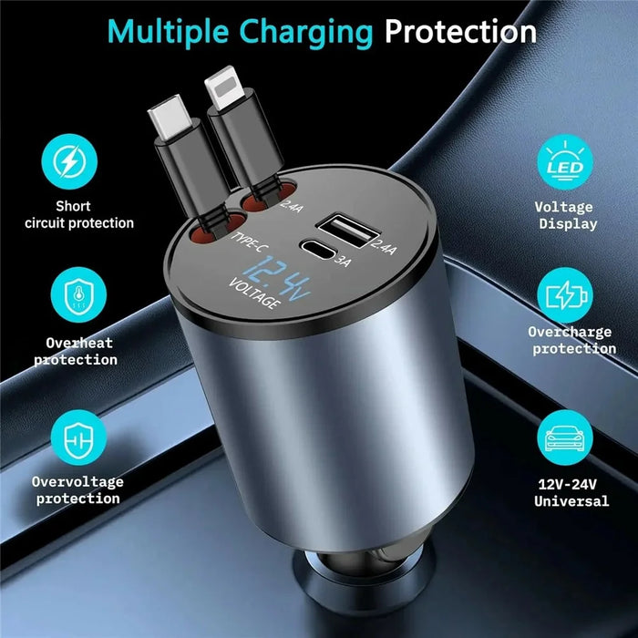 PT-19 Cigarette Lighter Car Charger 100W Fast Charging Adapter with iP  /  Type C Retractable Cables - 6