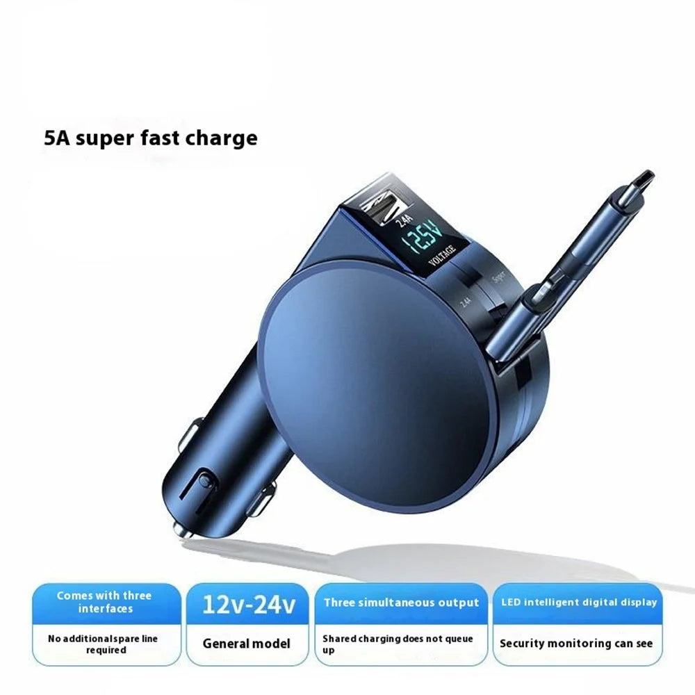 PT-8 60W High Power LED Display Car Charger Cigarette Lighter Adapter with iP  /  Type C Retractable Cables - Black - 2