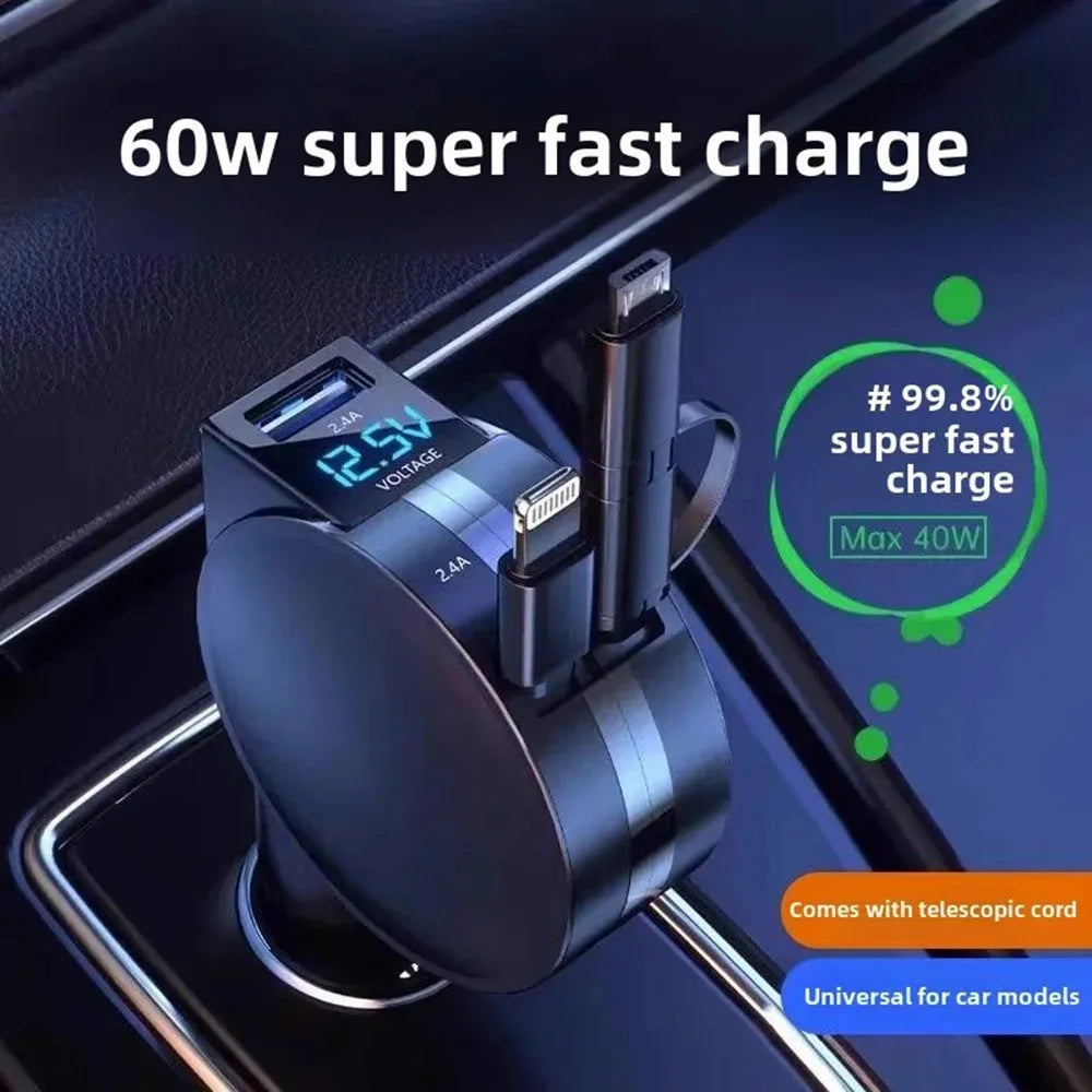 PT-8 60W High Power LED Display Car Charger Cigarette Lighter Adapter with iP  /  Type C Retractable Cables - Black - 4