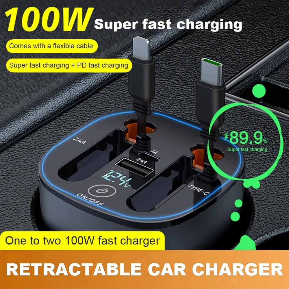 PT-17 Car PD 100W Fast Charger Built In Retractable iP  /  Type C Cables Charging Adapter with Air Freshener Pack - 2