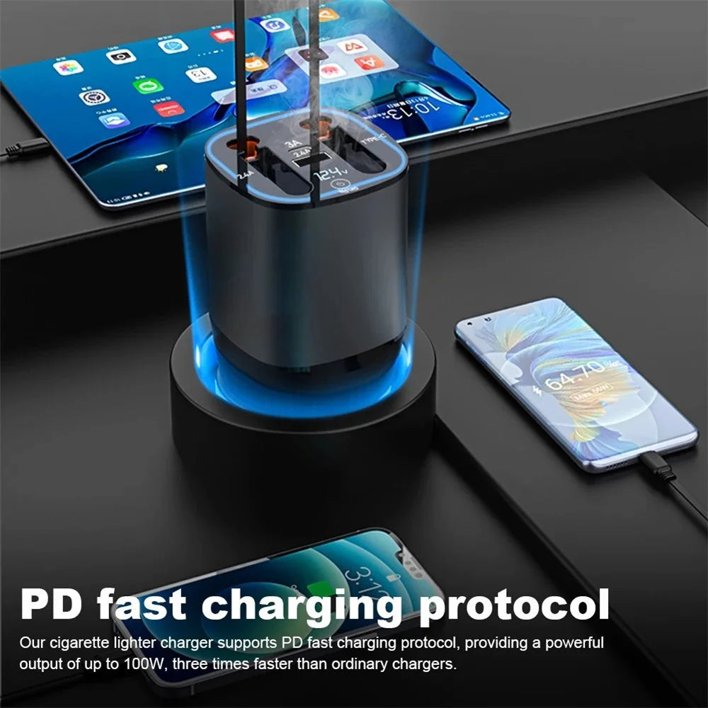 PT-17 Car PD 100W Fast Charger Built In Retractable iP  /  Type C Cables Charging Adapter with Air Freshener Pack - 4