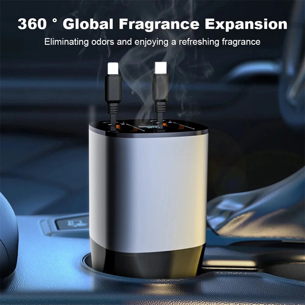 PT-17 Car PD 100W Fast Charger Built In Retractable iP  /  Type C Cables Charging Adapter with Air Freshener Pack - 6