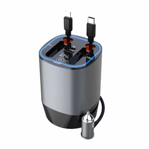 PT-17 Car PD 100W Fast Charger Voltage Display Cigarette Lighter Charging Adapter with Retractable iP  /  Type C Cables - 1