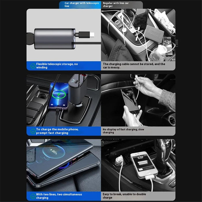 PT-16 Car Charger LED Display Cigarette Lighter Adapter with iP  /  Type C Retractable Cable - 7