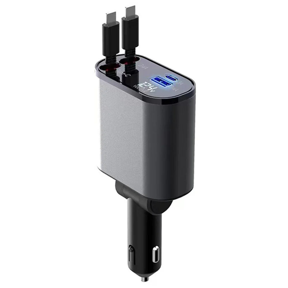 PT-16 Fast Charging Car Charger LED Display Cigarette Lighter Adapter with Dual iP Retractable Cable - 1