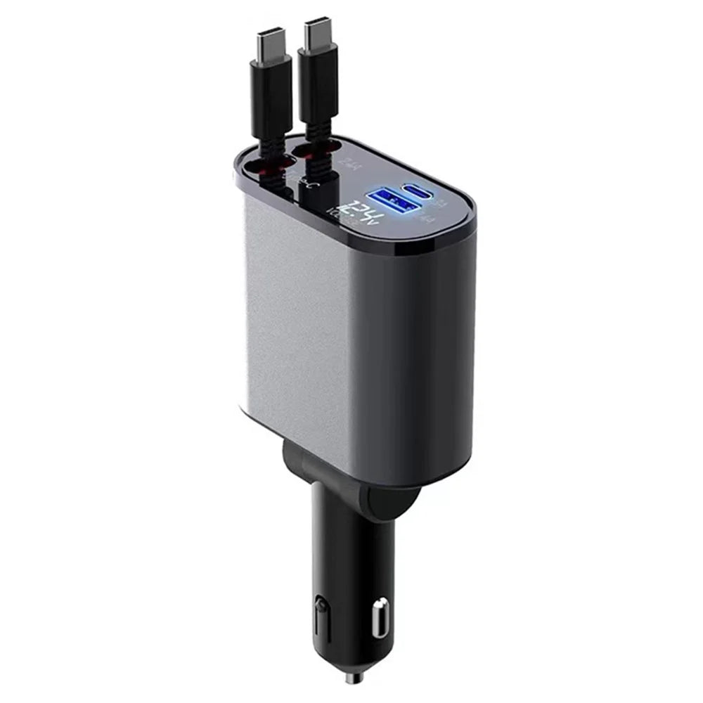 PT-16 Fast Charging Car Charger LED Display 4 in 1 Cigarette Lighter Adapter with Dual Type-C Retractable Cable - 1