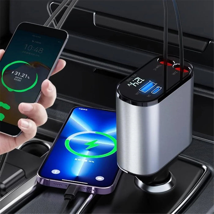 PT-16 Fast Charging Car Charger LED Display 4 in 1 Cigarette Lighter Adapter with Dual Type-C Retractable Cable - 3