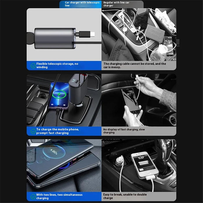 PT-16 Fast Charging Car Charger LED Display 4 in 1 Cigarette Lighter Adapter with Dual Type-C Retractable Cable - 4