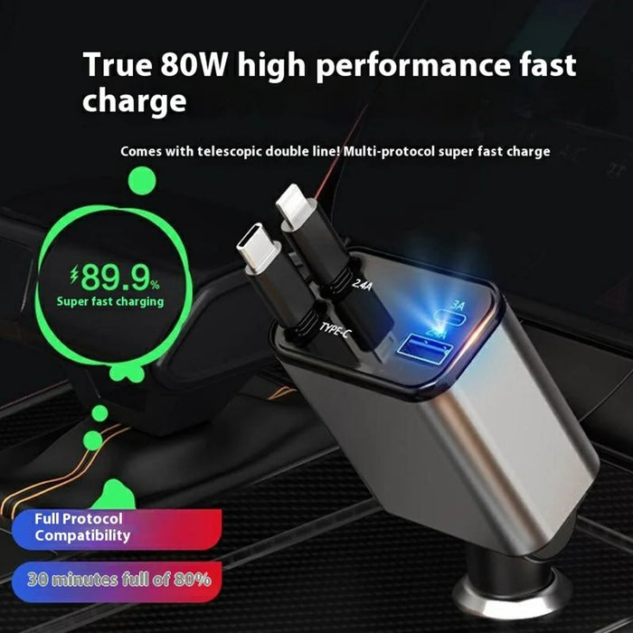 PT-27 Car Charger with Type-C  /  iP Retractable Cable Super Fast Charging Cable for Cell Phones, Tablets - 3