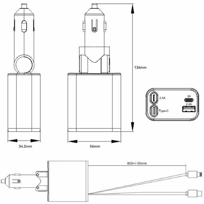 PT-27 Car Charger with Type-C  /  iP Retractable Cable Super Fast Charging Cable for Cell Phones, Tablets - 7