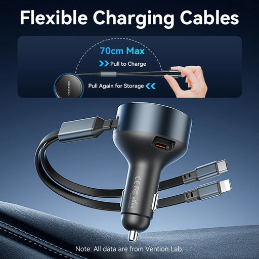 VENTION FFOB0 PD 30W Fast Charging Car Charger with Built In Type C  /  iP Cables for 12V-24V Vehicle - 2