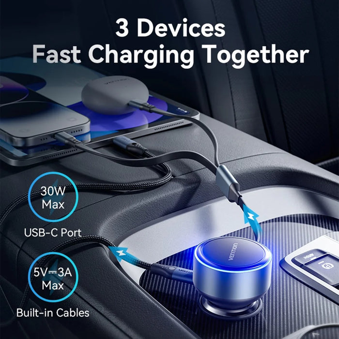 VENTION FFOB0 PD 30W Fast Charging Car Charger with Built In Type C  /  iP Cables for 12V-24V Vehicle - 3