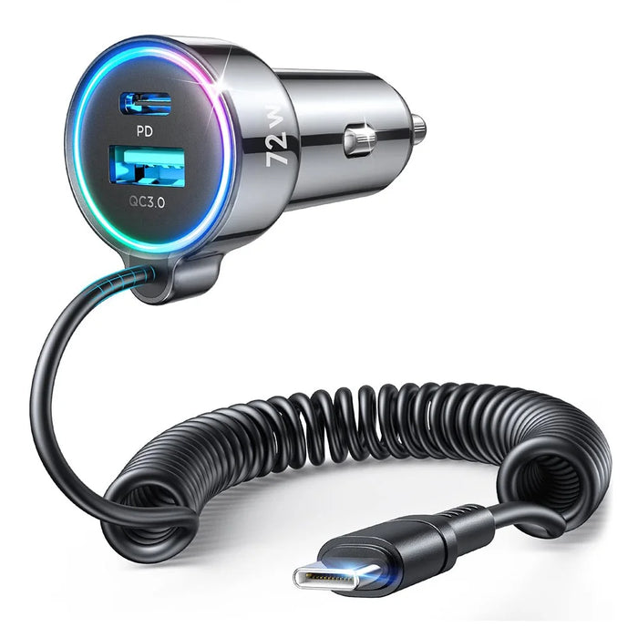 JOYROOM CL07 3 in 1 Car Charger 72W Fast Charging with Built-In Type-C Spring Cable - 1