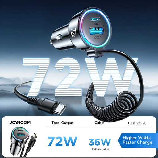JOYROOM CL07 3 in 1 Car Charger 72W Fast Charging with Built-In Type-C Spring Cable - 2