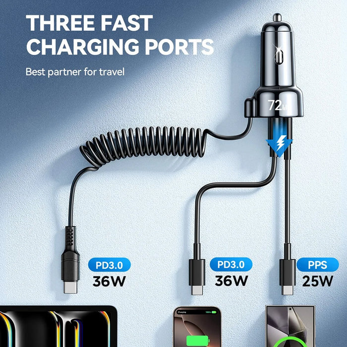 JOYROOM CL07 3 in 1 Car Charger 72W Fast Charging with Built-In Type-C Spring Cable - 3