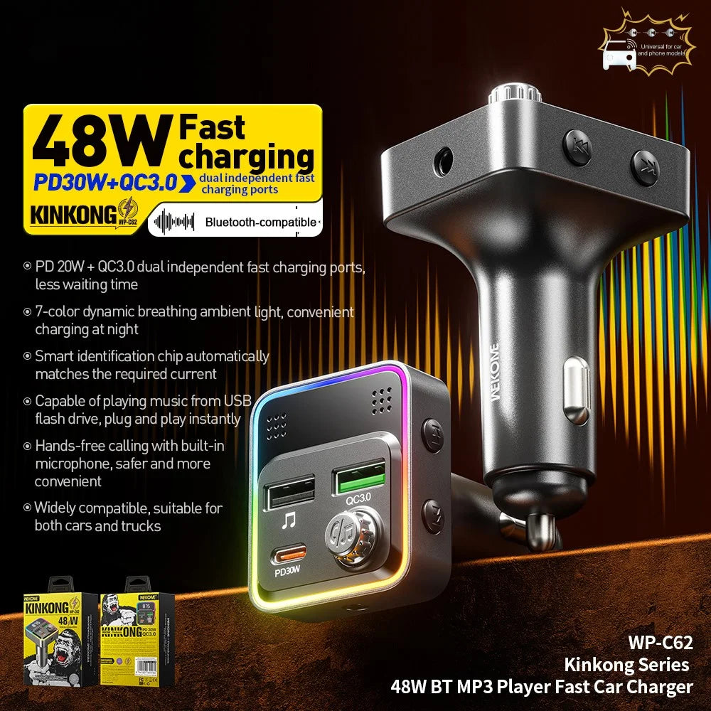 WEKOME WP-C62 48W Bluetooth-compatible MP3 Car Charger Fast Charging Dual USB Charger - 5