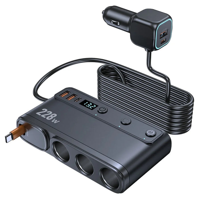 C35L 3 in 1 Cigarette Lighter Adapter Voltage Display 228W Fast Charging Car Charger with Retractable Cable - 1