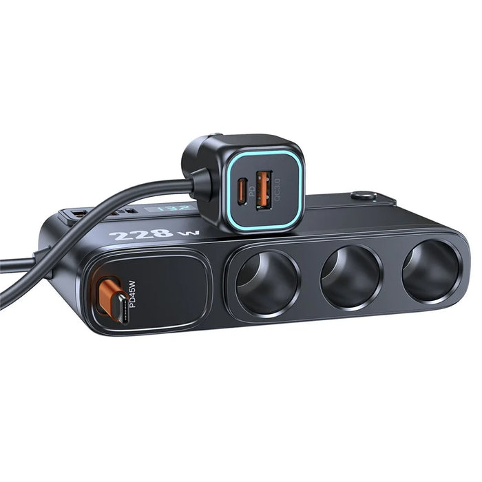 C35L 3 in 1 Cigarette Lighter Adapter Voltage Display 228W Fast Charging Car Charger with Retractable Cable - 2