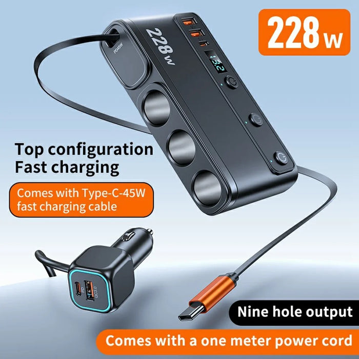 C35L 3 in 1 Cigarette Lighter Adapter Voltage Display 228W Fast Charging Car Charger with Retractable Cable - 3