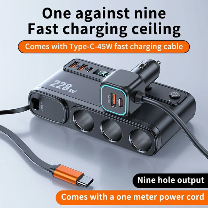 C35L 3 in 1 Cigarette Lighter Adapter Voltage Display 228W Fast Charging Car Charger with Retractable Cable - 4