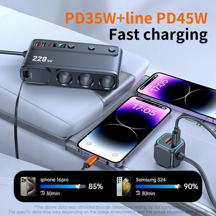 C35L 3 in 1 Cigarette Lighter Adapter Voltage Display 228W Fast Charging Car Charger with Retractable Cable - 6