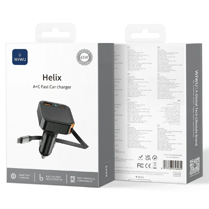 WIWU Wi-CC033 Helix USB A + Type C Car Charger 65W Fast Charging Adapter with Retractable USB C Cable - 6