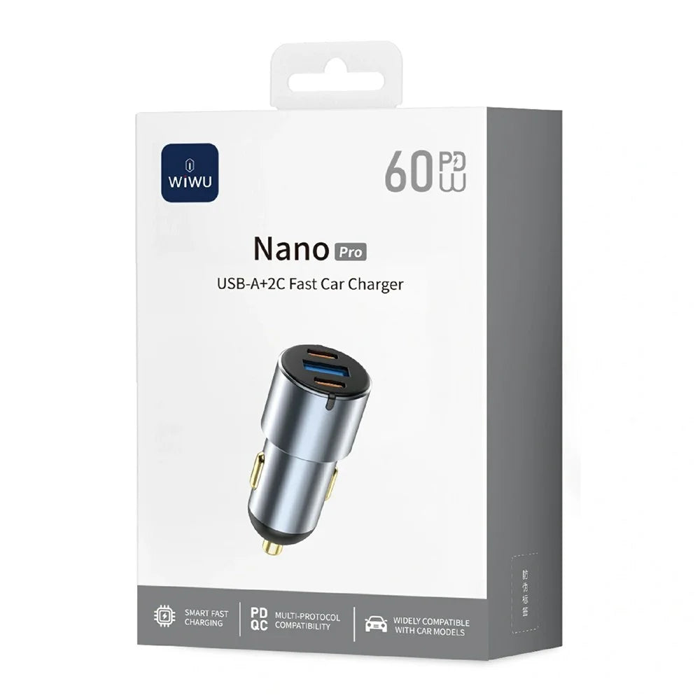 WIWU Wi-CC032 Nano Pro USB A + Dual Type C Aluminum Alloy Car Charger PD 60W Fast Charging Adapter - 6