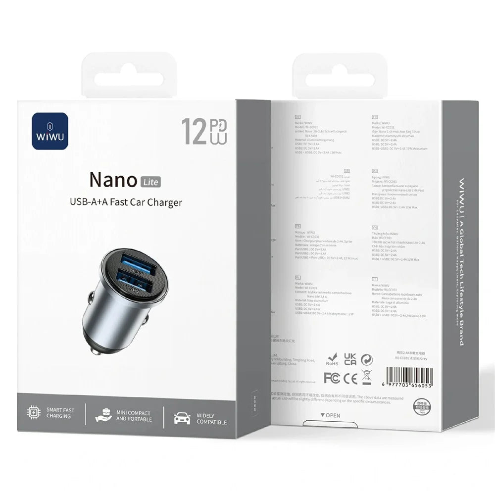 WIWU Wi-CC031 Nano Lite 12W Aluminum Alloy Car Charger Dual USB QC3.0 Fast Charging Adapter - 6