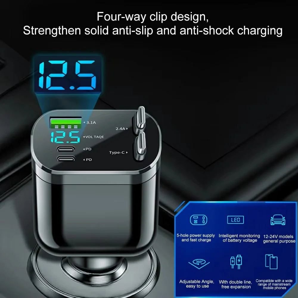 M4 5 in 1 Car Charger LED Digital Display USB + 2 Type-C Fast Charging Adapter with Dual Retractable Cable - 2