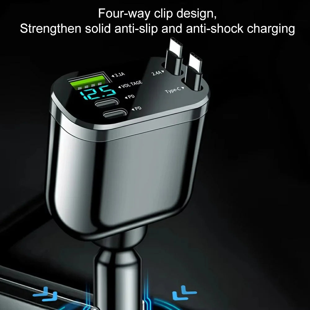 M4 5 in 1 Car Charger LED Digital Display USB + 2 Type-C Fast Charging Adapter with Dual Retractable Cable - 3