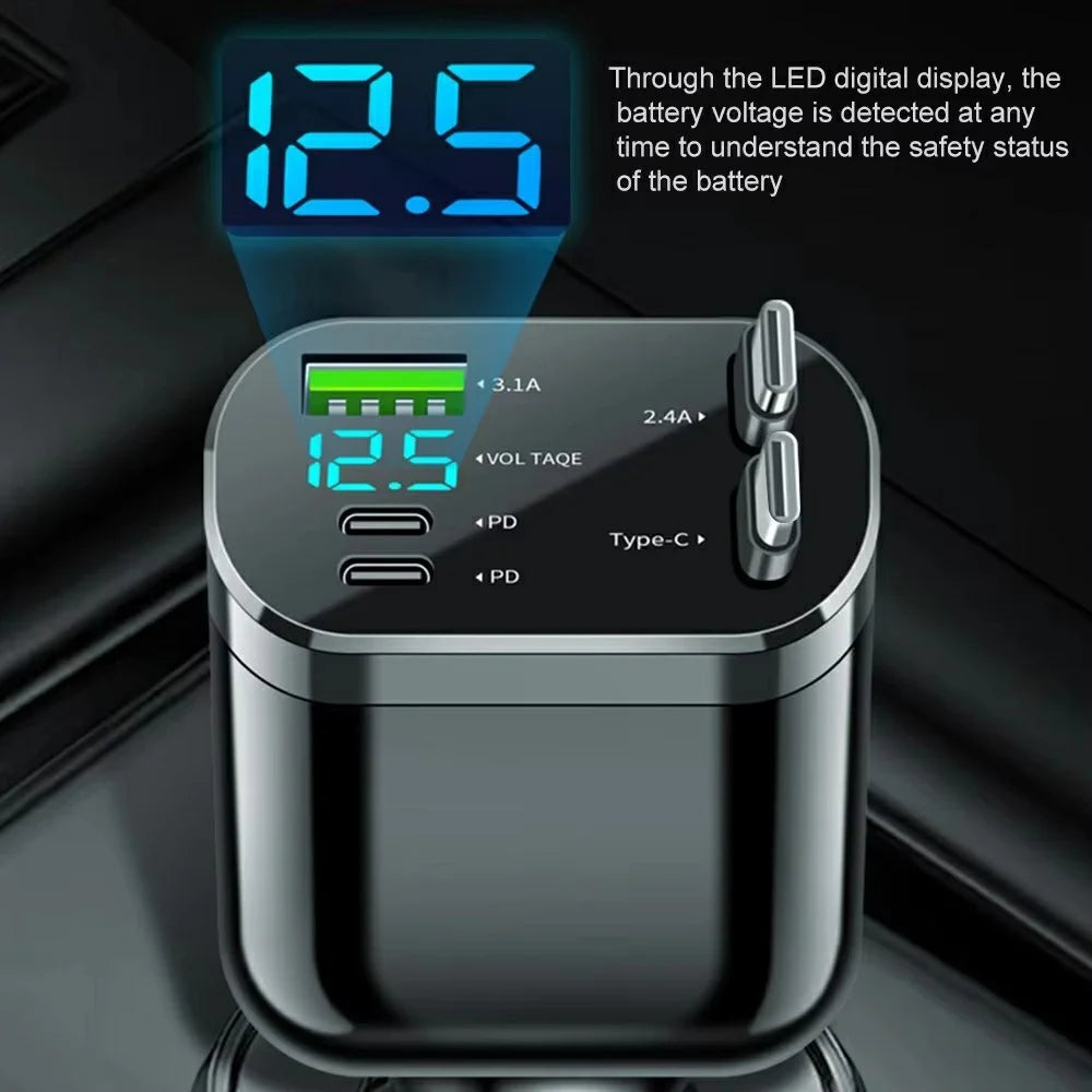 M4 5 in 1 Car Charger LED Digital Display USB + 2 Type-C Fast Charging Adapter with Dual Retractable Cable - 4