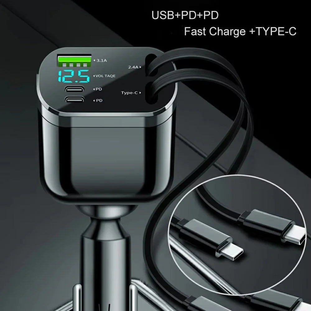 M4 5 in 1 Car Charger LED Digital Display USB + 2 Type-C Fast Charging Adapter with Dual Retractable Cable - 5