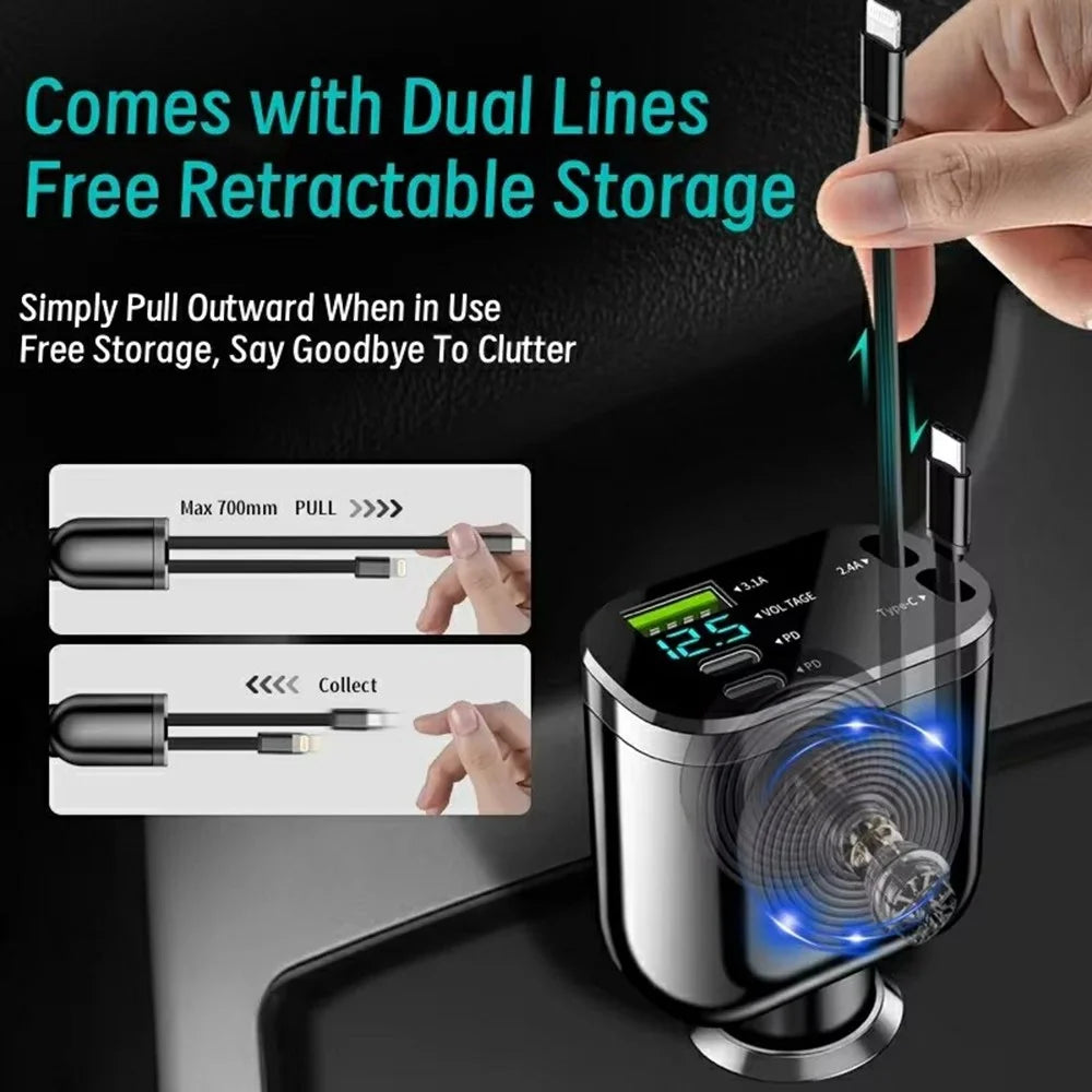 M4 5 in 1 Car Charger LED Digital Display USB + 2 Type-C Fast Charging Adapter with Dual Retractable Cable - 6