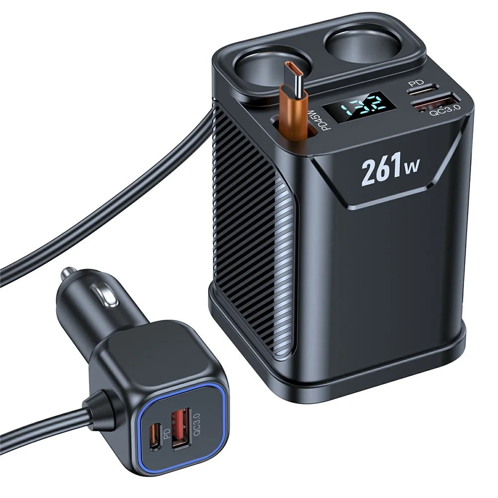 261W Car Charger Dual Cigarette Lighter Socket For 7 Devices PD Fast Charging with Retractable Type-C Cable - 1