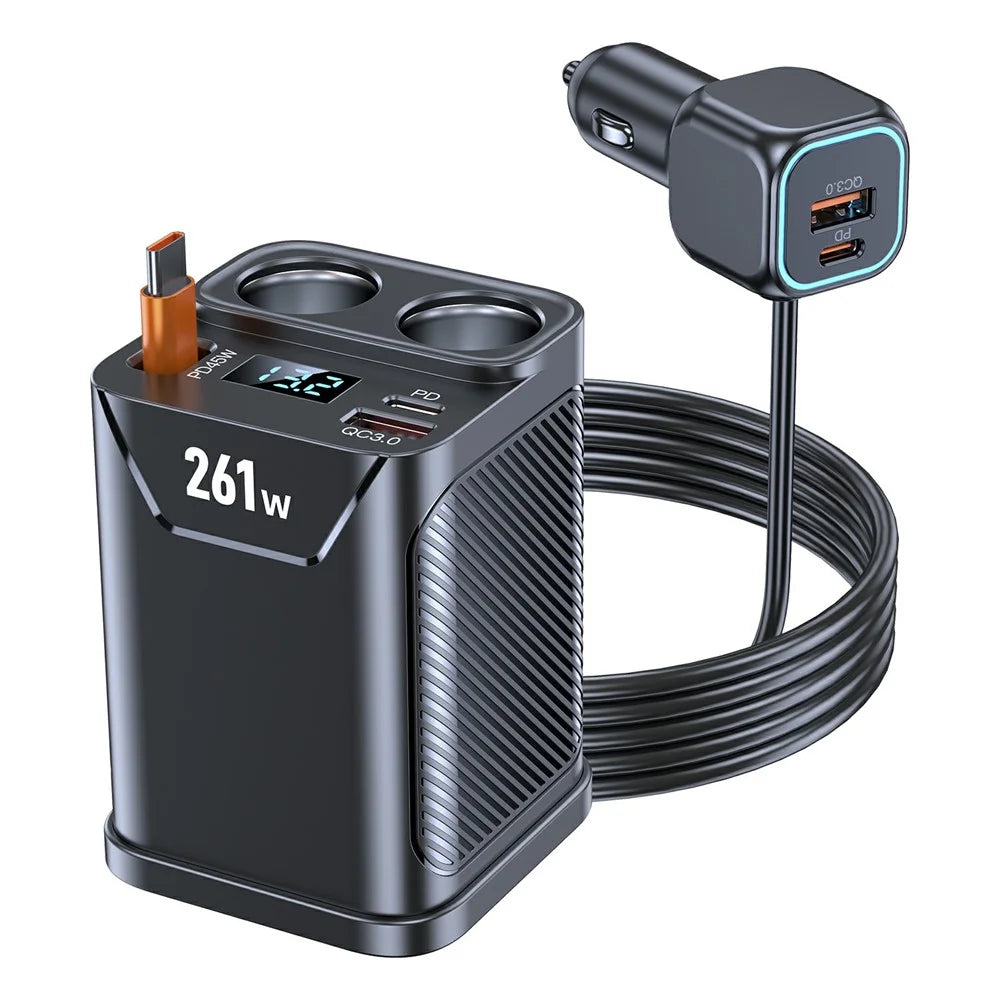 261W Car Charger Dual Cigarette Lighter Socket For 7 Devices PD Fast Charging with Retractable Type-C Cable - 2