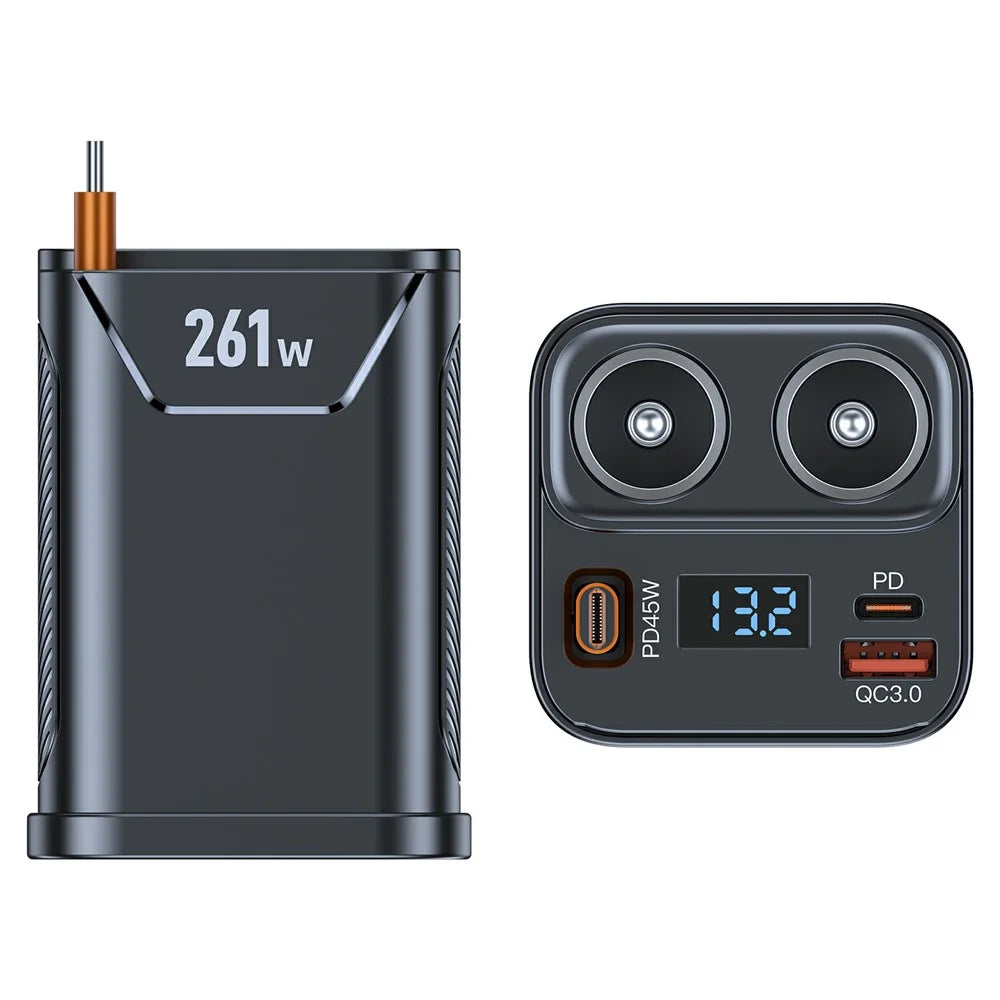 261W Car Charger Dual Cigarette Lighter Socket For 7 Devices PD Fast Charging with Retractable Type-C Cable - 3