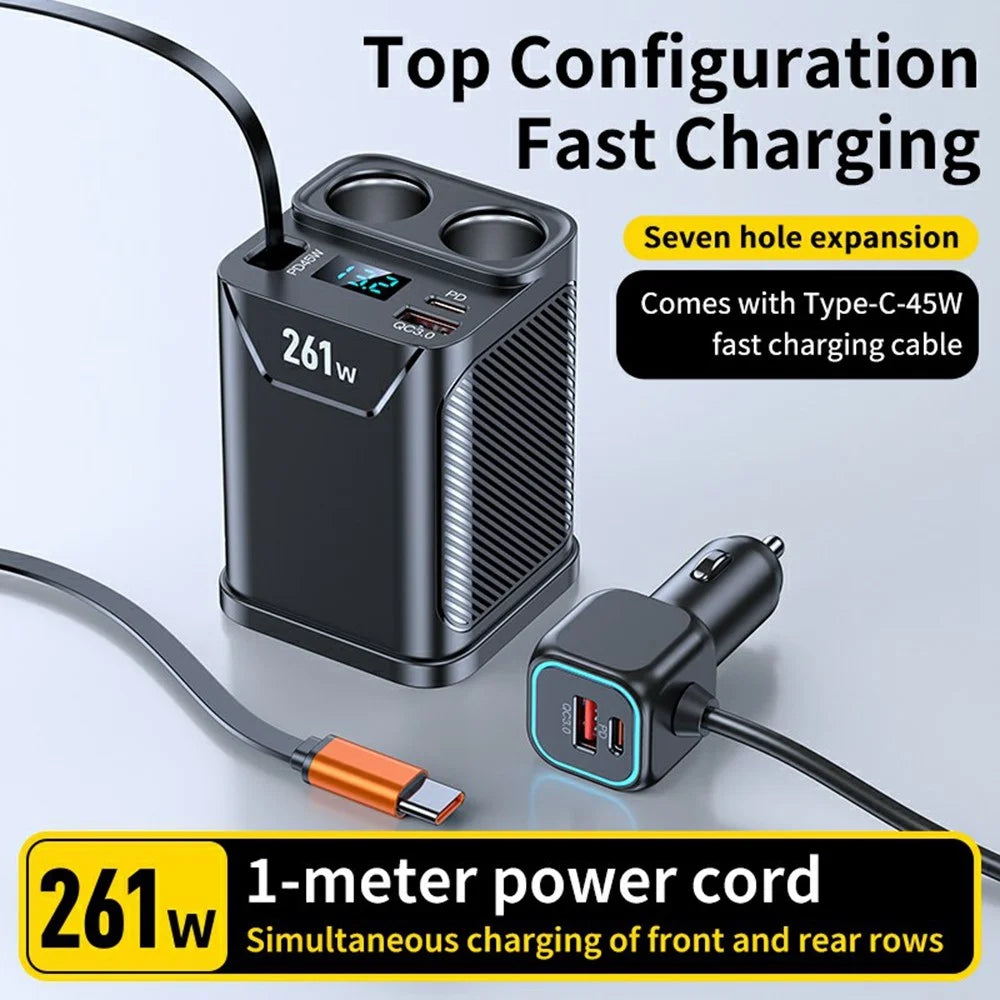 261W Car Charger Dual Cigarette Lighter Socket For 7 Devices PD Fast Charging with Retractable Type-C Cable - 4