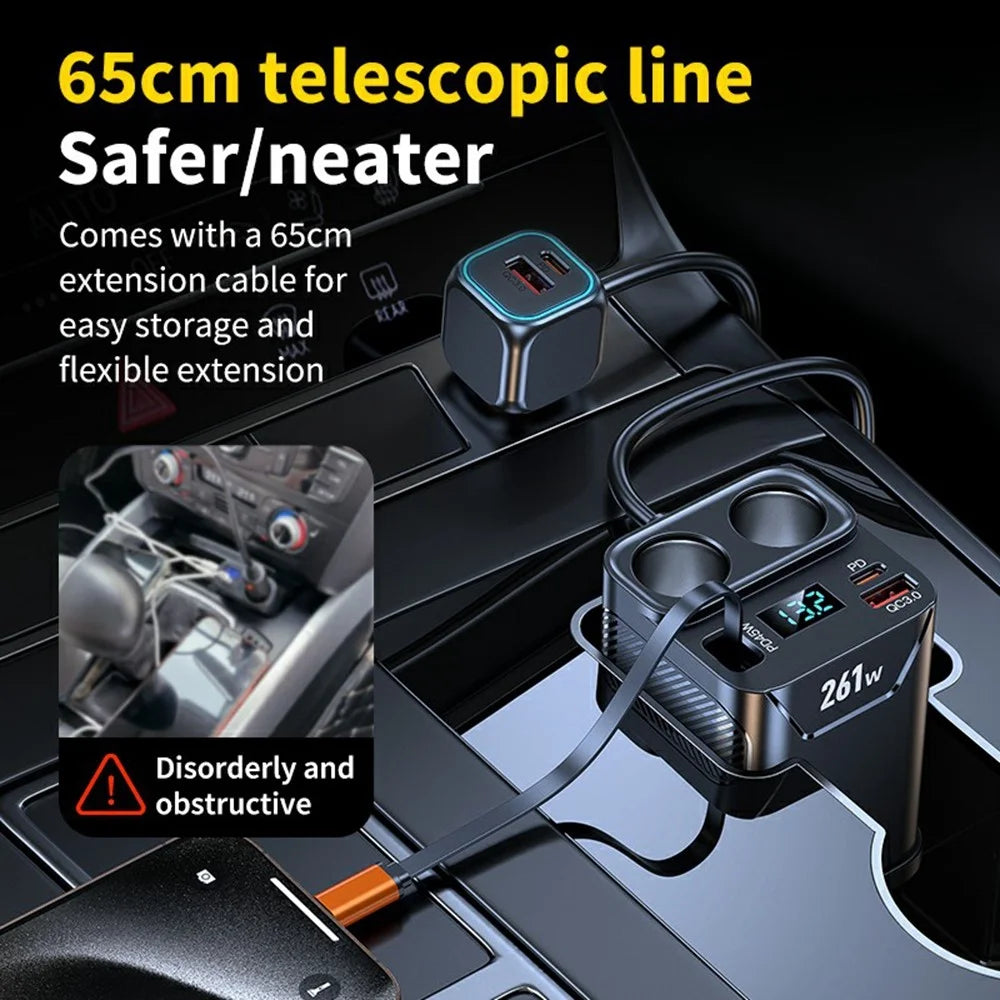 261W Car Charger Dual Cigarette Lighter Socket For 7 Devices PD Fast Charging with Retractable Type-C Cable - 5