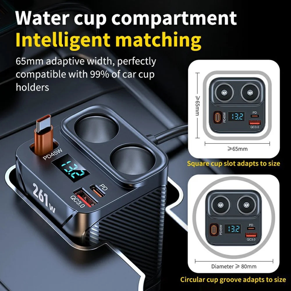261W Car Charger Dual Cigarette Lighter Socket For 7 Devices PD Fast Charging with Retractable Type-C Cable - 6
