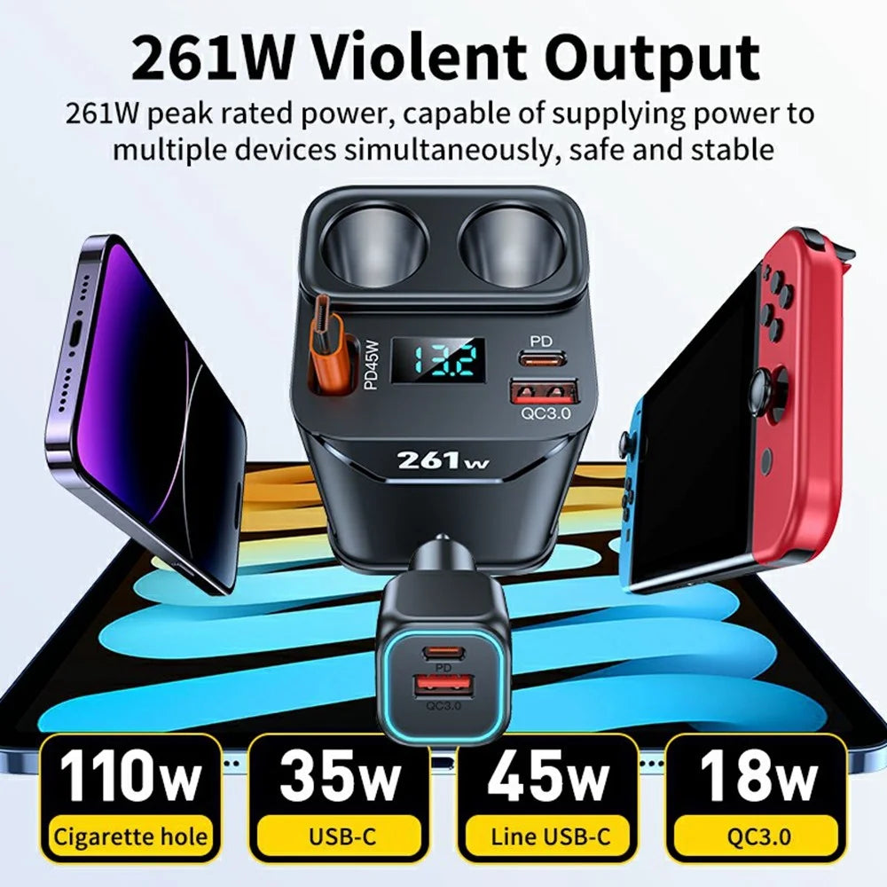 261W Car Charger Dual Cigarette Lighter Socket For 7 Devices PD Fast Charging with Retractable Type-C Cable - 7