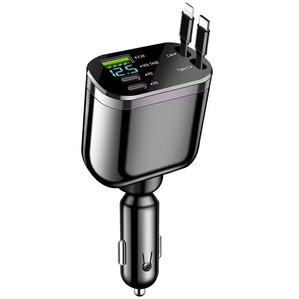 M4 5 in 1 Car Charger USB + 2 Type-C Fast Charging Digital Display Adapter with 8-Pin + Type-C Retractable Cable - 1